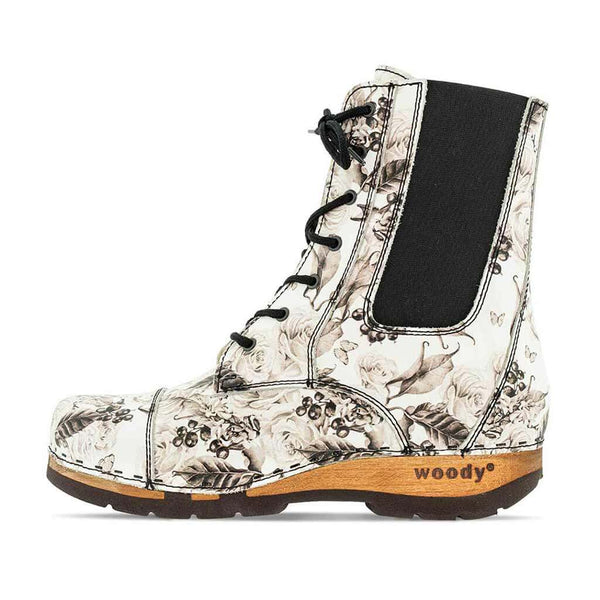 [Rose Bianco] Mara Damen Clog Stiefelette woody, farbe: roses blanco (weiss mit rosendruck schwarz)