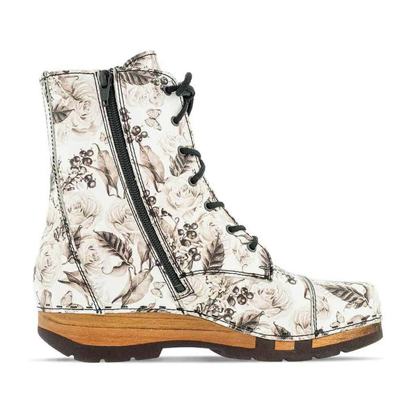 [Rose Bianco] Mara Damen Clog Stiefelette woody, farbe: roses blanco (weiss mit rosendruck schwarz)