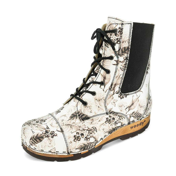 [Rose Bianco] Mara Damen Clog Stiefelette woody, farbe: roses blanco (weiss mit rosendruck schwarz)