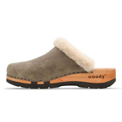 [Sand] Marie gefütterter Damen Clog, gefütterter damen clog mit biegsamer nachhaltiger holzsohle, lammfellfutter und kragen, farbe: sand, holzclogs woody, woody schuhe, woody shoes, handgemachte holzschuhe aus österreich, kärnten