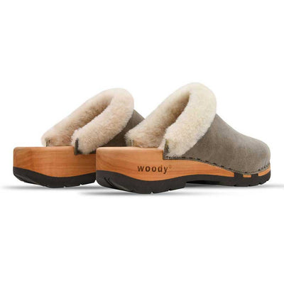 [Sand] Marie gefütterter Damen Clog, gefütterter damen clog mit biegsamer nachhaltiger holzsohle, lammfellfutter und kragen, farbe: sand, holzclogs woody, woody schuhe, woody shoes, handgemachte holzschuhe aus österreich, kärnten