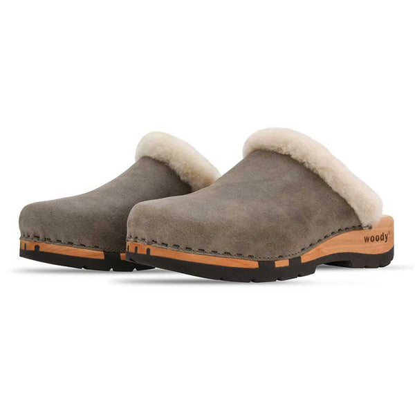 [Sand] Marie gefütterter Damen Clog, gefütterter damen clog mit biegsamer nachhaltiger holzsohle, lammfellfutter und kragen, farbe: sand, holzclogs woody, woody schuhe, woody shoes, handgemachte holzschuhe aus österreich, kärnten