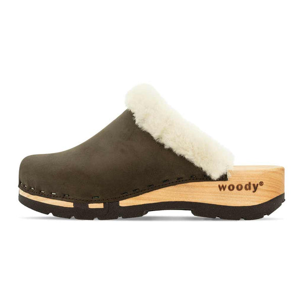 [Cioccolato] Marie gefütterter Damen Clog mit biegsamer nachhaltiger holzsohle, lammfellfutter und kragen, farbe: cioccolato (braun), holzclogs woody, woody schuhe, woody shoes, handgemachte holzschuhe aus österreich, kärnten