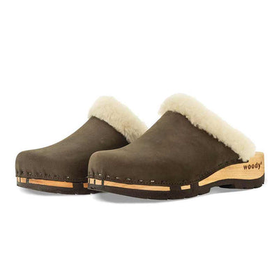 [Cioccolato] Marie gefütterter Damen Clog mit biegsamer nachhaltiger holzsohle, lammfellfutter und kragen, farbe: cioccolato (braun), holzclogs woody, woody schuhe, woody shoes, handgemachte holzschuhe aus österreich, kärnten