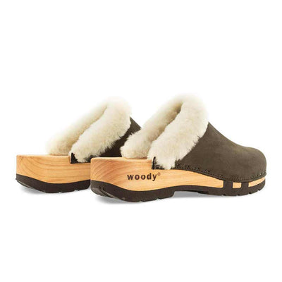 [Cioccolato] Marie gefütterter Damen Clog mit biegsamer nachhaltiger holzsohle, lammfellfutter und kragen, farbe: cioccolato (braun), holzclogs woody, woody schuhe, woody shoes, handgemachte holzschuhe aus österreich, kärnten
