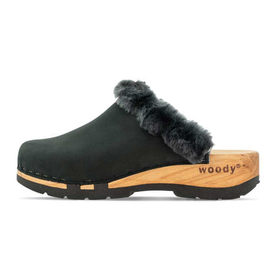 [Nero] Marie gefütterter Damen Clog mit biegsamer nachhaltiger holzsohle, lammfellfutter und kragen, farbe: nero, holzclogs woody, woody schuhe, woody shoes, handgemachte holzschuhe aus österreich, kärnten