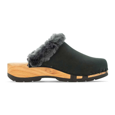 [Nero] Marie gefütterter Damen Clog mit biegsamer nachhaltiger holzsohle, lammfellfutter und kragen, farbe: nero, holzclogs woody, woody schuhe, woody shoes, handgemachte holzschuhe aus österreich, kärnten