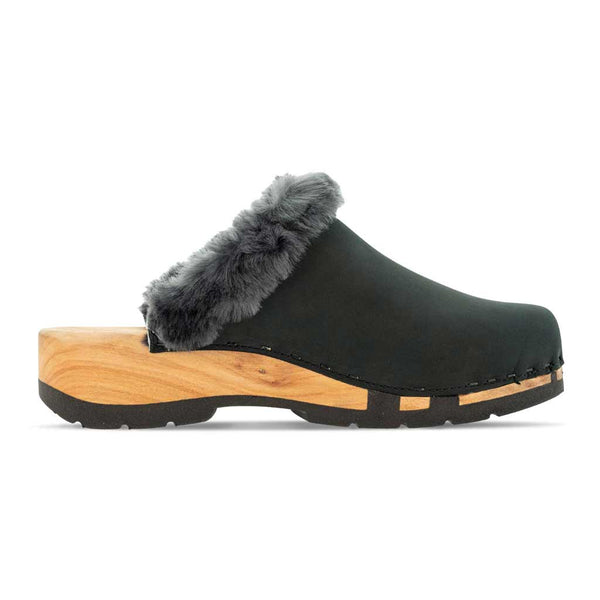 [Nero] Marie gefütterter Damen Clog mit biegsamer nachhaltiger holzsohle, lammfellfutter und kragen, farbe: nero, holzclogs woody, woody schuhe, woody shoes, handgemachte holzschuhe aus österreich, kärnten
