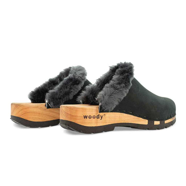 [Nero] Marie gefütterter Damen Clog mit biegsamer nachhaltiger holzsohle, lammfellfutter und kragen, farbe: nero, holzclogs woody, woody schuhe, woody shoes, handgemachte holzschuhe aus österreich, kärnten
