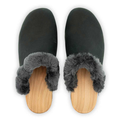 [Nero] Marie gefütterter Damen Clog mit biegsamer nachhaltiger holzsohle, lammfellfutter und kragen, farbe: nero, holzclogs woody, woody schuhe, woody shoes, handgemachte holzschuhe aus österreich, kärnten