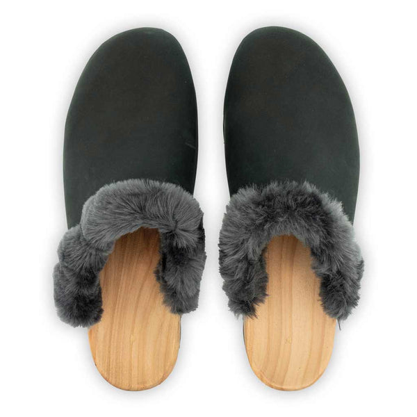 [Nero] Marie gefütterter Damen Clog mit biegsamer nachhaltiger holzsohle, lammfellfutter und kragen, farbe: nero, holzclogs woody, woody schuhe, woody shoes, handgemachte holzschuhe aus österreich, kärnten