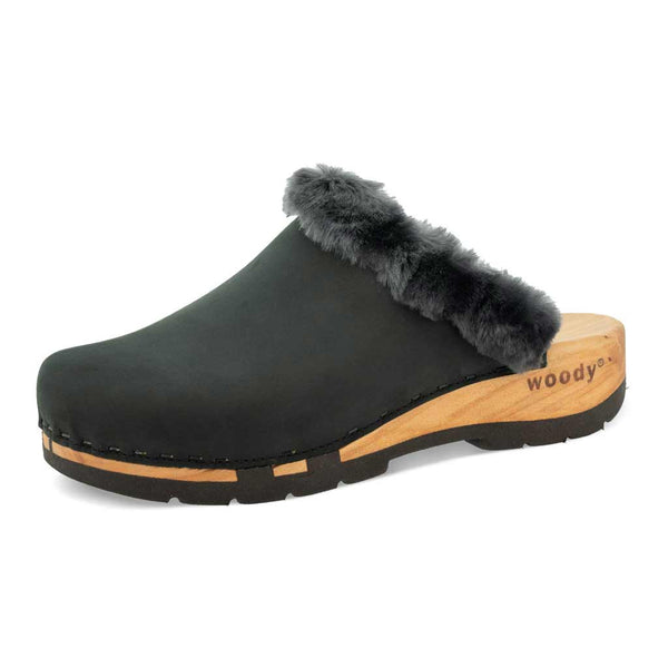 [Nero] Marie gefütterter Damen Clog mit biegsamer nachhaltiger holzsohle, lammfellfutter und kragen, farbe: nero, holzclogs woody, woody schuhe, woody shoes, handgemachte holzschuhe aus österreich, kärnten