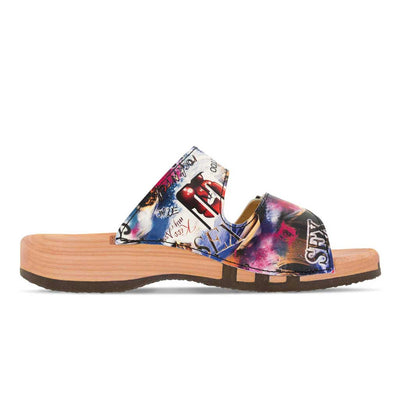 [Sex & Rock'n'Roll] Max Herren Clog Pantolette mit biegsamer nachhaltiger holzsohle, der bestseller, farbe: sex & rock'n'roll (multicolor), holzclogs woody, woody schuhe, woody shoes, handgemachte holzschuhe aus österreich, kärnten