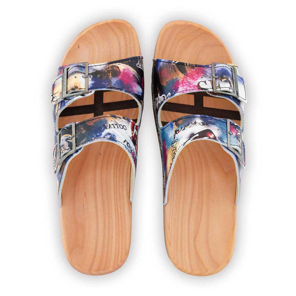 [Sex & Rock'n'Roll] Max Herren Clog Pantolette mit biegsamer nachhaltiger holzsohle, der bestseller, farbe: sex & rock'n'roll (multicolor), holzclogs woody, woody schuhe, woody shoes, handgemachte holzschuhe aus österreich, kärnten