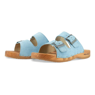 Maxima Damen Clog, pantoletten clogs damen mit biegsamer nachhaltiger holzsohle, der bestseller, farbe: baby blue (hellblau), holzclogs woody, woody schuhe, woody shoes, handgemachte holzschuhe aus österreich, kärnten