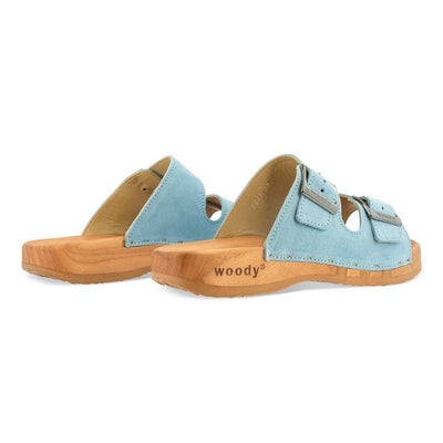 Maxima Damen Clog, pantoletten clogs damen mit biegsamer nachhaltiger holzsohle, der bestseller, farbe: baby blue (hellblau), holzclogs woody, woody schuhe, woody shoes, handgemachte holzschuhe aus österreich, kärnten