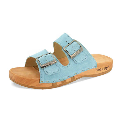 Maxima Damen Clog, pantoletten clogs damen mit biegsamer nachhaltiger holzsohle, der bestseller, farbe: baby blue (hellblau), holzclogs woody, woody schuhe, woody shoes, handgemachte holzschuhe aus österreich, kärnten