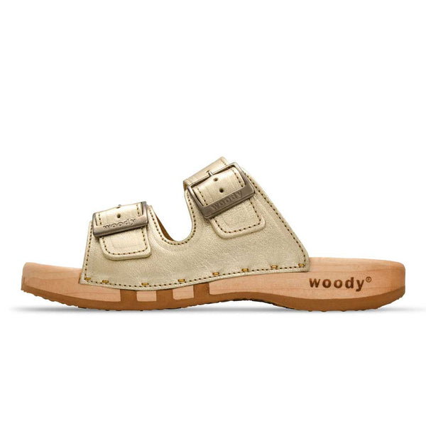 Maxima Damen Clog, pantoletten clogs damen mit biegsamer nachhaltiger holzsohle, der bestseller, farbe: gold, holzclogs woody, woody schuhe, woody shoes, handgemachte holzschuhe aus österreich, kärnten