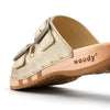 Maxima Damen Clog, pantoletten clogs damen mit biegsamer nachhaltiger holzsohle, der bestseller, farbe: gold, holzclogs woody, woody schuhe, woody shoes, handgemachte holzschuhe aus österreich, kärnten
