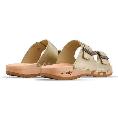 Maxima Damen Clog, pantoletten clogs damen mit biegsamer nachhaltiger holzsohle, der bestseller, farbe: gold, holzclogs woody, woody schuhe, woody shoes, handgemachte holzschuhe aus österreich, kärnten