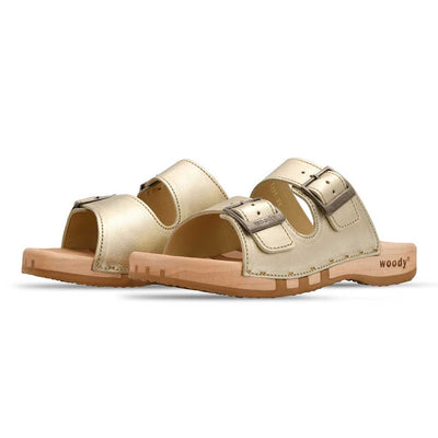 Maxima Damen Clog, pantoletten clogs damen mit biegsamer nachhaltiger holzsohle, der bestseller, farbe: gold, holzclogs woody, woody schuhe, woody shoes, handgemachte holzschuhe aus österreich, kärnten