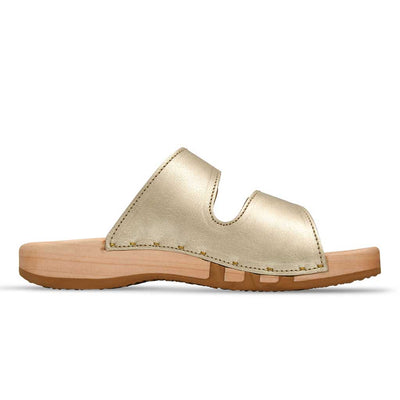 Maxima Damen Clog, pantoletten clogs damen mit biegsamer nachhaltiger holzsohle, der bestseller, farbe: gold, holzclogs woody, woody schuhe, woody shoes, handgemachte holzschuhe aus österreich, kärnten