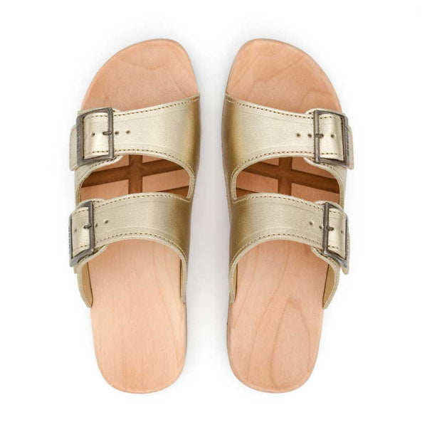 Maxima Damen Clog, pantoletten clogs damen mit biegsamer nachhaltiger holzsohle, der bestseller, farbe: gold, holzclogs woody, woody schuhe, woody shoes, handgemachte holzschuhe aus österreich, kärnten