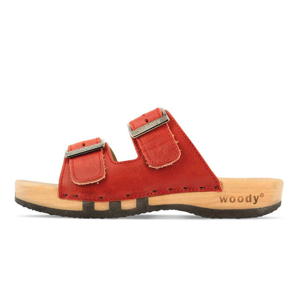 Maxima Damen Clog, pantoletten clogs damen mit biegsamer nachhaltiger holzsohle, der bestseller, farbe: rosso, holzclogs woody, woody schuhe, woody shoes, handgemachte holzschuhe aus österreich, kärnten