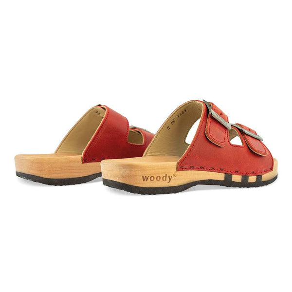 Maxima Damen Clog, pantoletten clogs damen mit biegsamer nachhaltiger holzsohle, der bestseller, farbe: rosso, holzclogs woody, woody schuhe, woody shoes, handgemachte holzschuhe aus österreich, kärnten