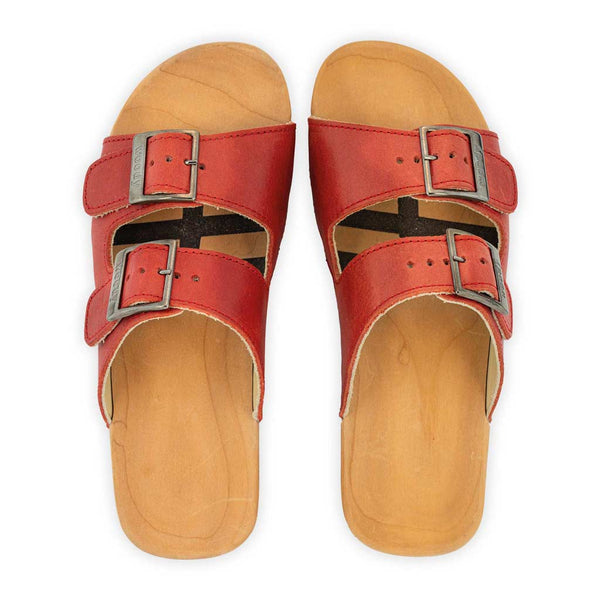 Maxima Damen Clog rosso, pantoletten clogs damen mit biegsamer nachhaltiger holzsohle, der bestseller, farbe: rosso, holzclogs woody, woody schuhe, woody shoes, handgemachte holzschuhe aus österreich, kärnten