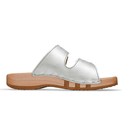 Maxima Damen Clog, pantoletten clogs damen mit biegsamer nachhaltiger holzsohle, der bestseller, farbe: silber, holzclogs woody, woody schuhe, woody shoes, handgemachte holzschuhe aus österreich, kärnten