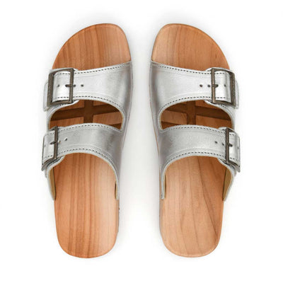 Maxima Damen Clog, pantoletten clogs damen mit biegsamer nachhaltiger holzsohle, der bestseller, farbe: silber, holzclogs woody, woody schuhe, woody shoes, handgemachte holzschuhe aus österreich, kärnten