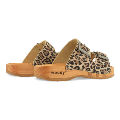 Maxima Damen Clog, pantoletten clogs damen mit biegsamer nachhaltiger holzsohle, der bestseller, farbe: wildcat (animal print), holzclogs woody, woody schuhe, woody shoes, handgemachte holzschuhe aus österreich, kärnten