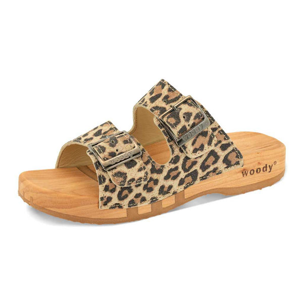 Maxima Damen Clog, pantoletten clogs damen mit biegsamer nachhaltiger holzsohle, der bestseller, farbe: wildcat (animal print), holzclogs woody, woody schuhe, woody shoes, handgemachte holzschuhe aus österreich, kärnten