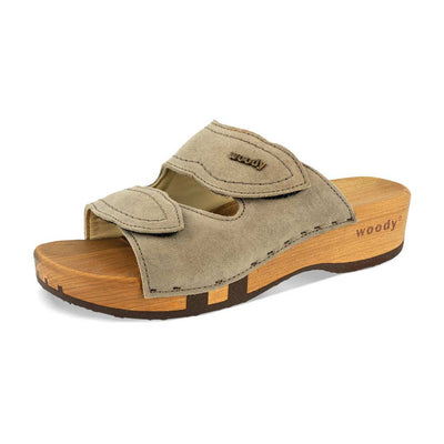 [Sand] Melanie Damen Clog Pantolette mit biegsamer nachhaltiger holzsohle, der bestseller, farbe: sand-warm_grey, holzclogs woody, woody schuhe, woody shoes, handgemachte holzschuhe aus österreich, kärnten