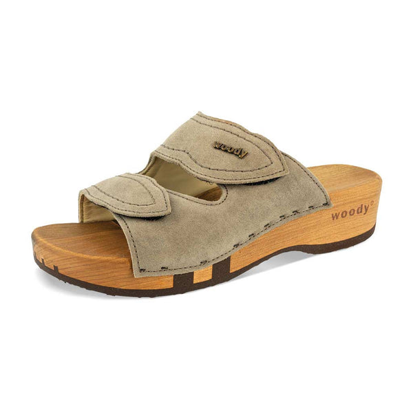 [Sand] Melanie Damen Clog Pantolette mit biegsamer nachhaltiger holzsohle, der bestseller, farbe: sand-warm_grey, holzclogs woody, woody schuhe, woody shoes, handgemachte holzschuhe aus österreich, kärnten