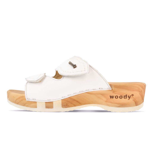 [Weiss] Melanie Damen Clog Pantolette mit biegsamer nachhaltiger holzsohle, der bestseller, farbe: weiss, holzclogs woody, woody schuhe, woody shoes, handgemachte holzschuhe aus österreich, kärnten