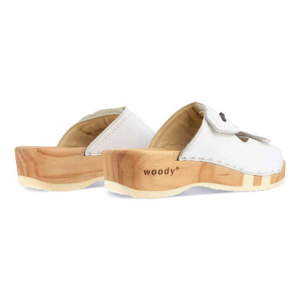 [Weiss] Melanie Damen Clog Pantolette mit biegsamer nachhaltiger holzsohle, der bestseller, farbe: weiss, holzclogs woody, woody schuhe, woody shoes, handgemachte holzschuhe aus österreich, kärnten