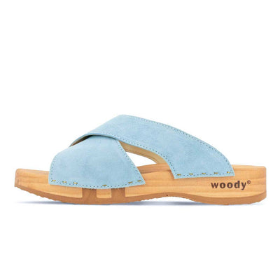 [Baby Blue] Mila Damen Clog Pantolette mit biegsamer nachhaltiger weidenholzsohle, holzclogs woody, woody schuhe, woody shoes, handgemachte holzschuhe aus österreich, kärnten, farbe: baby blue (hellblau)