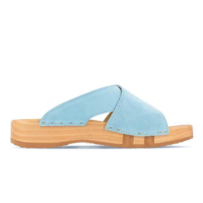 [Baby Blue] Mila Damen Clog Pantolette mit biegsamer nachhaltiger weidenholzsohle, holzclogs woody, woody schuhe, woody shoes, handgemachte holzschuhe aus österreich, kärnten, farbe: baby blue (hellblau)