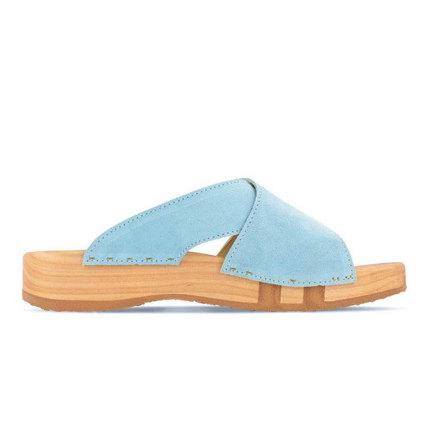 [Baby Blue] Mila Damen Clog Pantolette mit biegsamer nachhaltiger weidenholzsohle, holzclogs woody, woody schuhe, woody shoes, handgemachte holzschuhe aus österreich, kärnten, farbe: baby blue (hellblau)