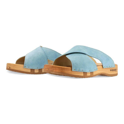 [Baby Blue] Mila Damen Clog Pantolette mit biegsamer nachhaltiger weidenholzsohle, holzclogs woody, woody schuhe, woody shoes, handgemachte holzschuhe aus österreich, kärnten, farbe: baby blue (hellblau)