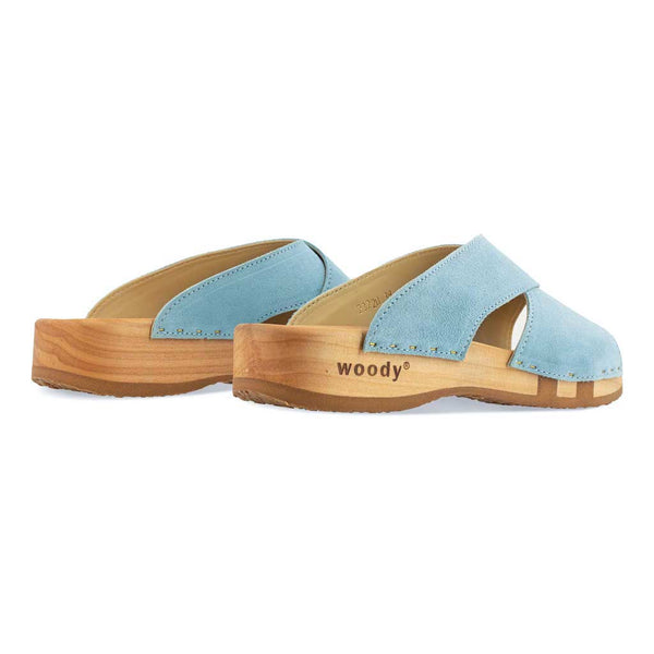 [Baby Blue] Mila Damen Clog Pantolette mit biegsamer nachhaltiger weidenholzsohle, holzclogs woody, woody schuhe, woody shoes, handgemachte holzschuhe aus österreich, kärnten, farbe: baby blue (hellblau)