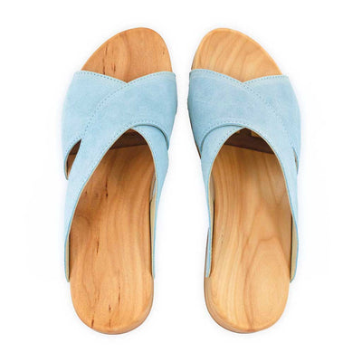 [Baby Blue] Mila Damen Clog Pantolette mit biegsamer nachhaltiger weidenholzsohle, holzclogs woody, woody schuhe, woody shoes, handgemachte holzschuhe aus österreich, kärnten, farbe: baby blue (hellblau)