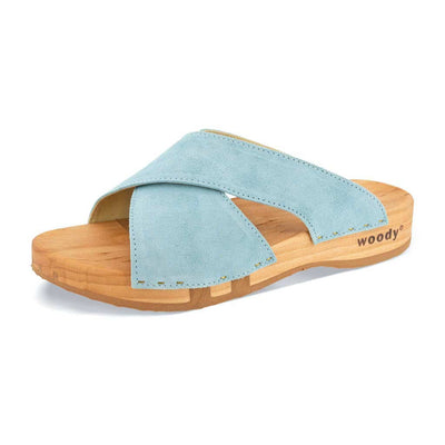 [Baby Blue] Mila Damen Clog Pantolette mit biegsamer nachhaltiger weidenholzsohle, holzclogs woody, woody schuhe, woody shoes, handgemachte holzschuhe aus österreich, kärnten, farbe: baby blue (hellblau)