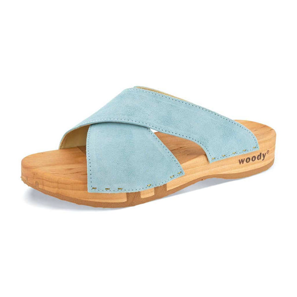 [Baby Blue] Mila Damen Clog Pantolette mit biegsamer nachhaltiger weidenholzsohle, holzclogs woody, woody schuhe, woody shoes, handgemachte holzschuhe aus österreich, kärnten, farbe: baby blue (hellblau)