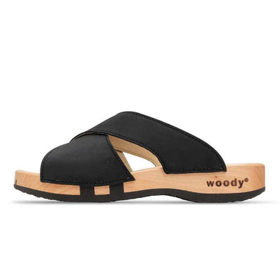 [Nero] Mila Damen Clog Pantolette mit biegsamer nachhaltiger weidenholzsohle, holzclogs woody, woody schuhe, woody shoes, handgemachte holzschuhe aus österreich, kärnten, farbe: nero (schwarz)