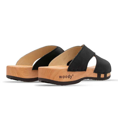 [Nero] Mila Damen Clog Pantolette mit biegsamer nachhaltiger weidenholzsohle, holzclogs woody, woody schuhe, woody shoes, handgemachte holzschuhe aus österreich, kärnten, farbe: nero (schwarz)