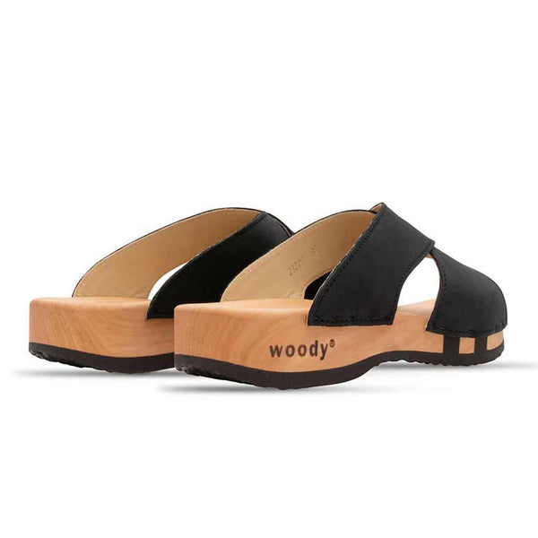 [Nero] Mila Damen Clog Pantolette mit biegsamer nachhaltiger weidenholzsohle, holzclogs woody, woody schuhe, woody shoes, handgemachte holzschuhe aus österreich, kärnten, farbe: nero (schwarz)