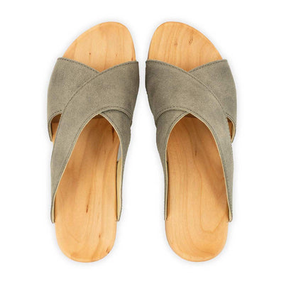 [Sand] Mila Damen Clog Pantolette mit biegsamer nachhaltiger weidenholzsohle, holzclogs woody, woody schuhe, woody shoes, handgemachte holzschuhe aus österreich, kärnten, farbe: sand